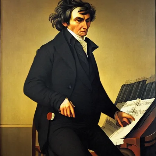 Prompt: portrait of the composer beethoven in the style of pietro annigoni, 1 9 5 5, oil on canvas, national portrait gallery