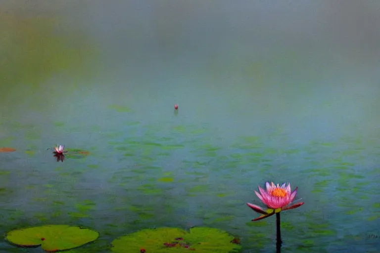 Prompt: impressionism painting of a pond of water lily on a foggy morning, sun low on horizon through skyscrapers, soft light, misty