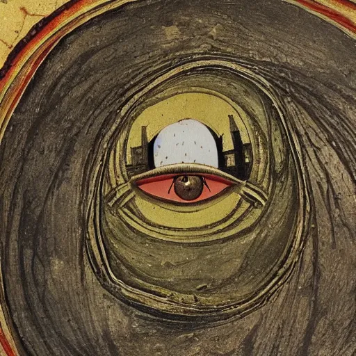 Prompt: a medieval painting of the eye of Sauron from lord of the rings