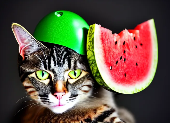 Image similar to photo of a cat wearing watermelon helmet. fantasy horror style. highly detailed 8 k. intricate. lifelike. soft light. nikon d 8 5 0 5 5 mm. dof. cinematic post - processing.