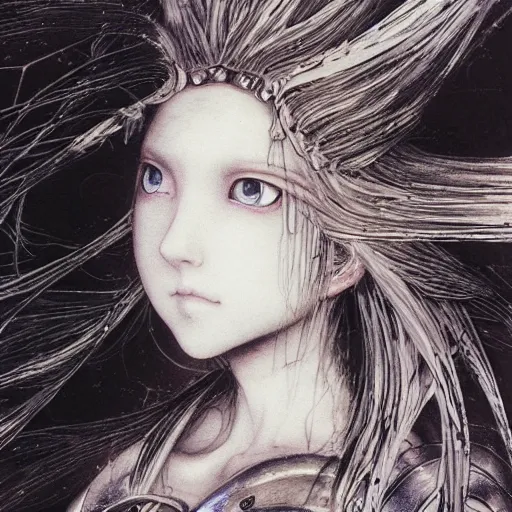 Image similar to Yoshitaka Amano realistic illustration of an anime girl with black eyes, wavy white hair fluttering in the wind and cracks on her face wearing Elden ring armour with engraving, abstract black and white patterns on the background, noisy film grain effect, highly detailed, Renaissance oil painting, weird portrait angle, blurred lost edges, three quarter view