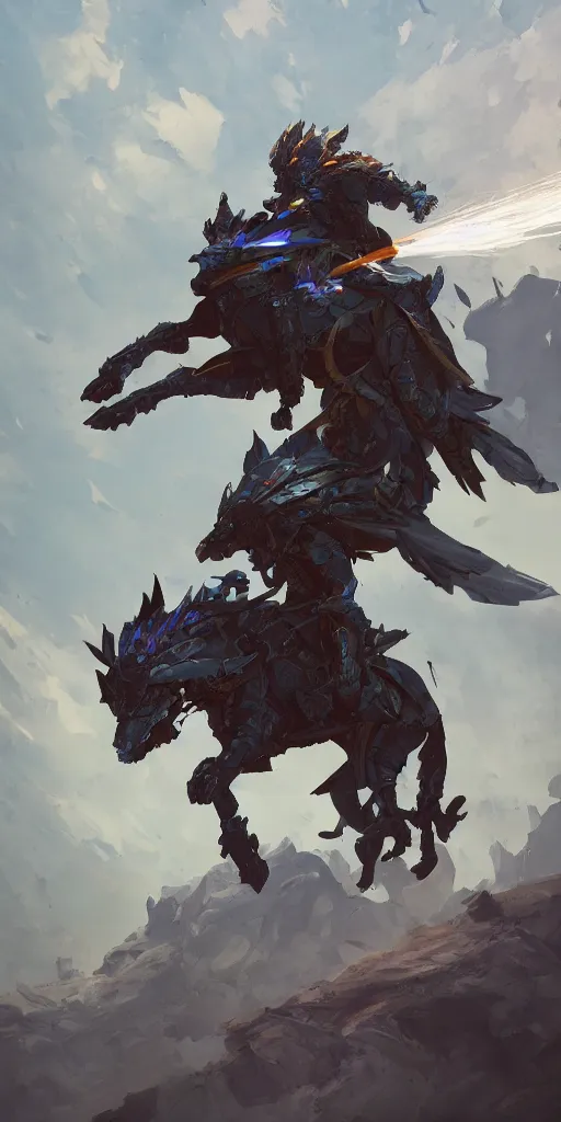 Prompt: Azure armored knight riding a wolf mount, Moebius, Greg Rutkowski, Zabrocki, Karlkka, Jayison Devadas, Phuoc Quan, trending on Artstation, 8K, ultra wide angle, zenith view, pincushion lens effect.