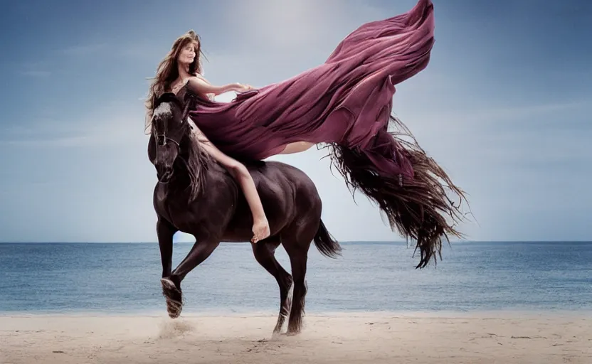 Prompt: an editorial in Vogue of a female model riding a horse along a beautiful beach, long hair and floating dress in the wind, by Peter Lindberg, etheral, dramatic, 8k, ultra detailed digital art