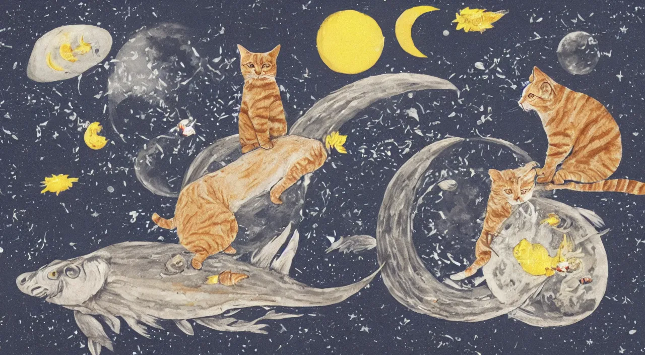 Prompt: cat on the moon eating fish