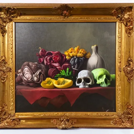 Prompt: still life, flowers, vegetables, fruits and skulls, oil painting, highly detailed