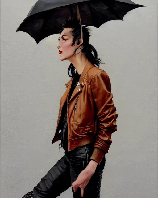 Image similar to greg manchess portrait painting of a punk woman in a leather bomber jacket, medium shot, asymmetrical, profile picture, organic painting, rainy night, matte painting, bold shapes, hard edges, street art, trending on artstation, by huang guangjian and gil elvgren and sachin teng