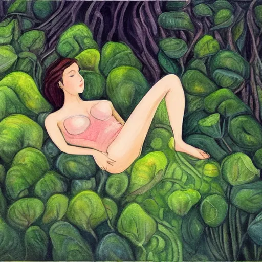 Image similar to a beautiful painting of a female laying down in a green forest, dense moss, lovely vines, watercolors