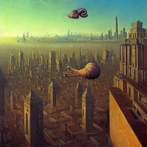 Image similar to a giant snail stands over a city painting by barlowe, behsinski colors. masterpiece painting