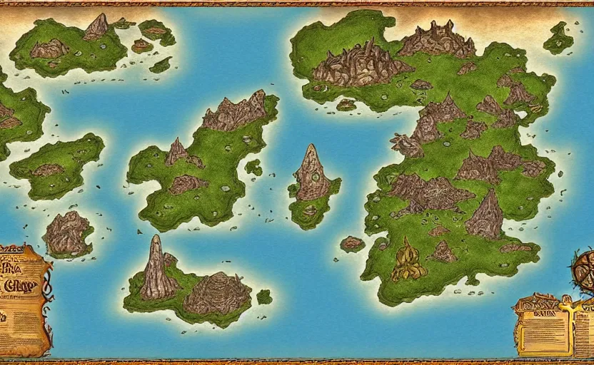 Image similar to fantasy map, large, detailed, islands, monsters