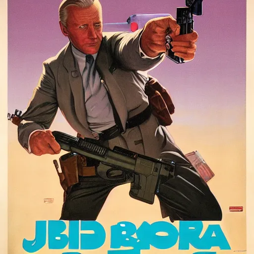 Image similar to propaganda poster of joe biden pointing gun directly at camera in james bond movie, closeup of gun, visible barrel and grip by j. c. leyendecker, bosch, lisa frank, jon mcnaughton, and beksinski