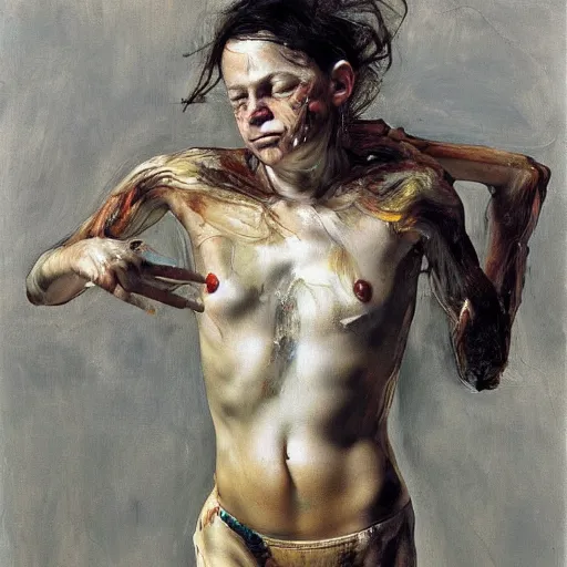 Image similar to high quality high detail painting by lucian freud and jenny saville, hd, dancing, turquoise