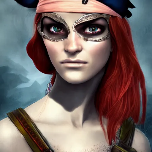 Image similar to Pirate Queen wearing an eye patch, close-up, highly detailed, high quality, fantasy concept art, soft lighting, photorealistic,