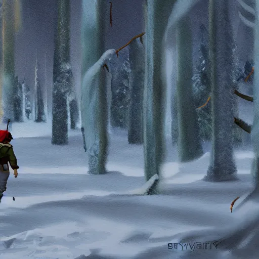 Image similar to A lone adventurer in a snowy forest, digital painting, concept art, 3d with depth of field, sharp focus, 8k, by Barret Frymire