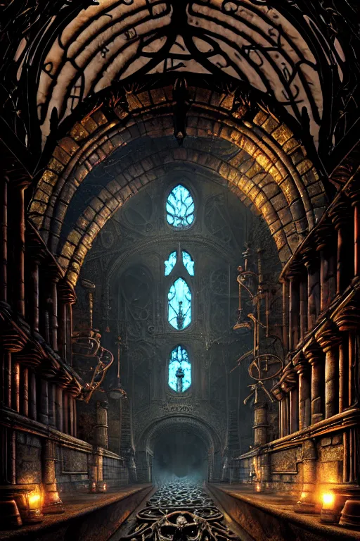 Image similar to steam necropolis, memento mori, gothic, neo - gothic, art nouveau, hyperdetailed copper patina medieval icon, stefan morrell, philippe druillet, ralph mcquarrie, concept art, steampunk, unreal engine, detailed intricate environment, octane render, moody atmospherics, volumetric lighting, ultrasharp, ominous, otherworldly