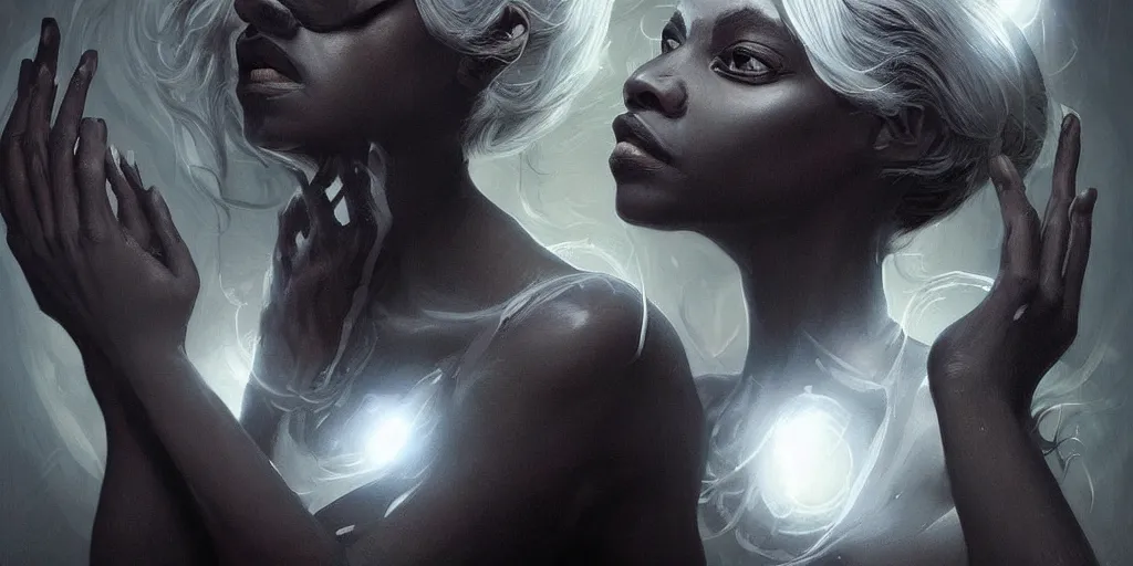 Image similar to drow black skin, many hands, gnarled fingers, intense black eyes, intense white hair, intense lighting, light beams, lens flare, intricate, elegant, highly detailed, digital painting, artstation, concept art, smooth, sharp focus, illustration, art by artgerm and greg rutkowski and alphonse mucha