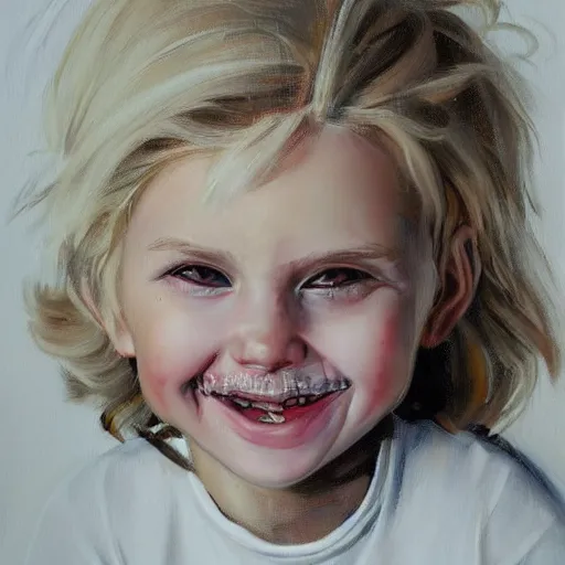 Prompt: portrait painting of woman from scandinavia, 2 years old, blonde hair, daz, occlusion, smiling and looking directly, brushstrokes, white background, art by enki bilal