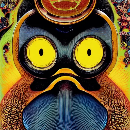 Image similar to portrait of crazy penguin, symmetrical, by yoichi hatakenaka, masamune shirow, josan gonzales and dan mumford, ayami kojima, takato yamamoto, barclay shaw, karol bak, yukito kishiro