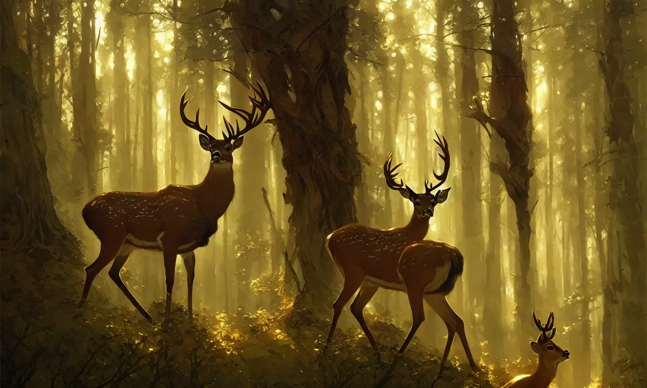 Image similar to Deer in Sherwood Forest, full frame, highly detailed, digital painting, artstation, concept art, smooth, sharp focus, illustration, art greg rutkowski and alphonse mucha