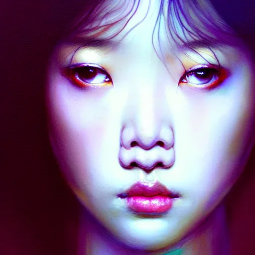 Image similar to roseanne park of blackpink, hyperrealistic portrait, bladerunner street, by karol bak and agnes cecile, fantasy art, photo realistic, dynamic lighting, artstation, poster, volumetric lighting, very detailed face, intricate complexity, 8 k, award winning