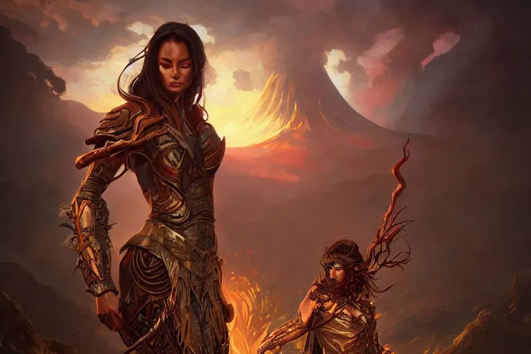 Image similar to An epic fantasy portrait painting of a spider-legged warrior woman with hair spikes, volcano eruption backdrop, illustration, detailed, award-winning, trending on artstation, by artgerm and Greg Rutkowski and Alphonse Mucha