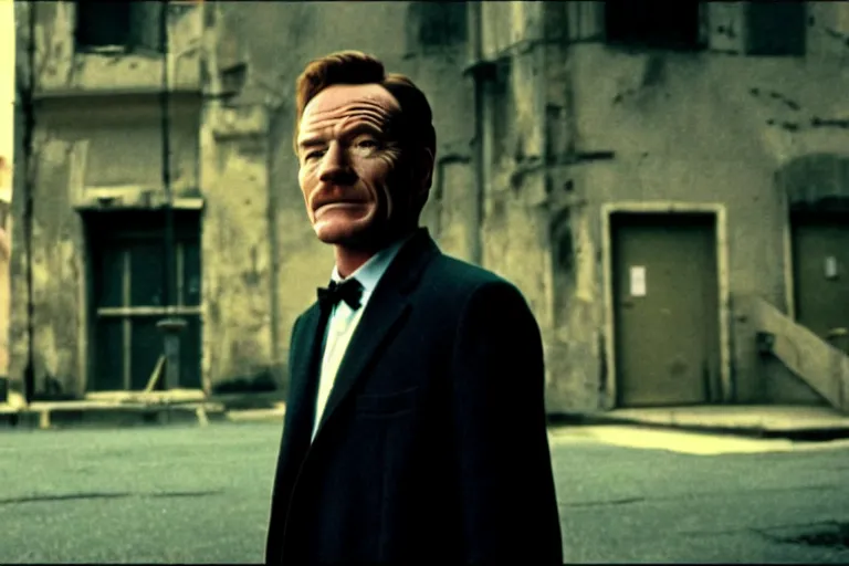 Prompt: film still of bryan cranston in cosmic horror! the musical by david cronenberg, budapest street background, 3 5 mm film, atmospheric, ultra fine detail, film grain, photorealistic, hyperrealistic