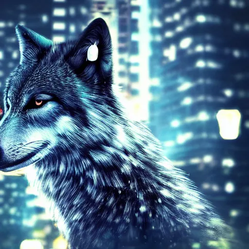 Image similar to portrait of wolf animal with cyberpunk gogles, realistic style of cyberpunk, editorial photography, neons, blade runner, futuristic style, bokeh and depth of field, award winning, establishing shot