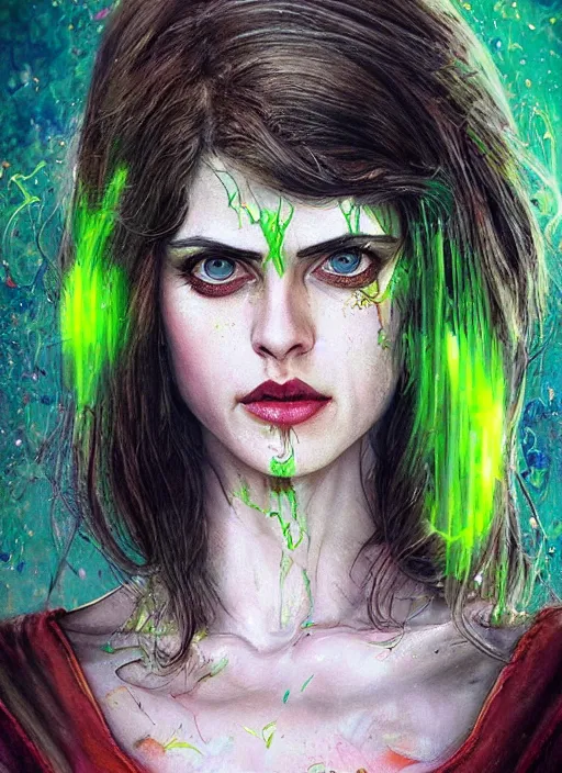 Prompt: a Demon Slayer portrait of Alexandra Daddario, tall, pale-skinned, slender with lime green eyes and long eyelashes by Stanley Artgerm, Tom Bagshaw, Arthur Adams, Carne Griffiths, trending on Deviant Art, street art, face enhance, chillwave, maximalist, full of color, glittering