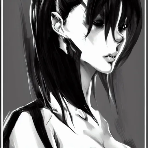 Image similar to slim beautiful killer girl in tuxedo with black wavy bob hair, elegant, 2d, ultra highly detailed, digital painting, smooth, sharp focus, artstation, black and white art by Tsutomu Nihei