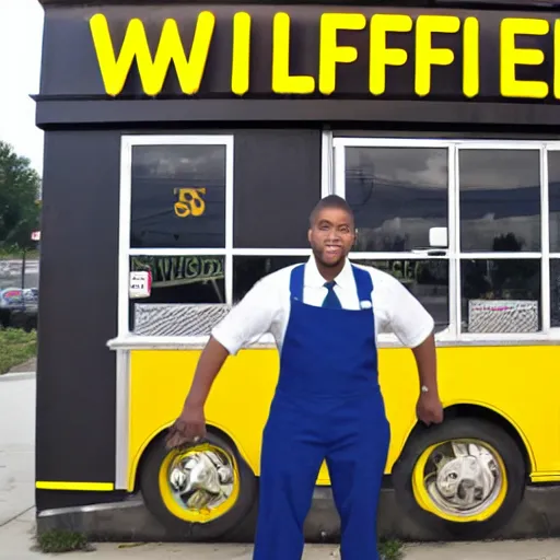 Image similar to wafflehouse employee's standing below wafflehouse sign, employees uniform is blue and black with yellow name tags