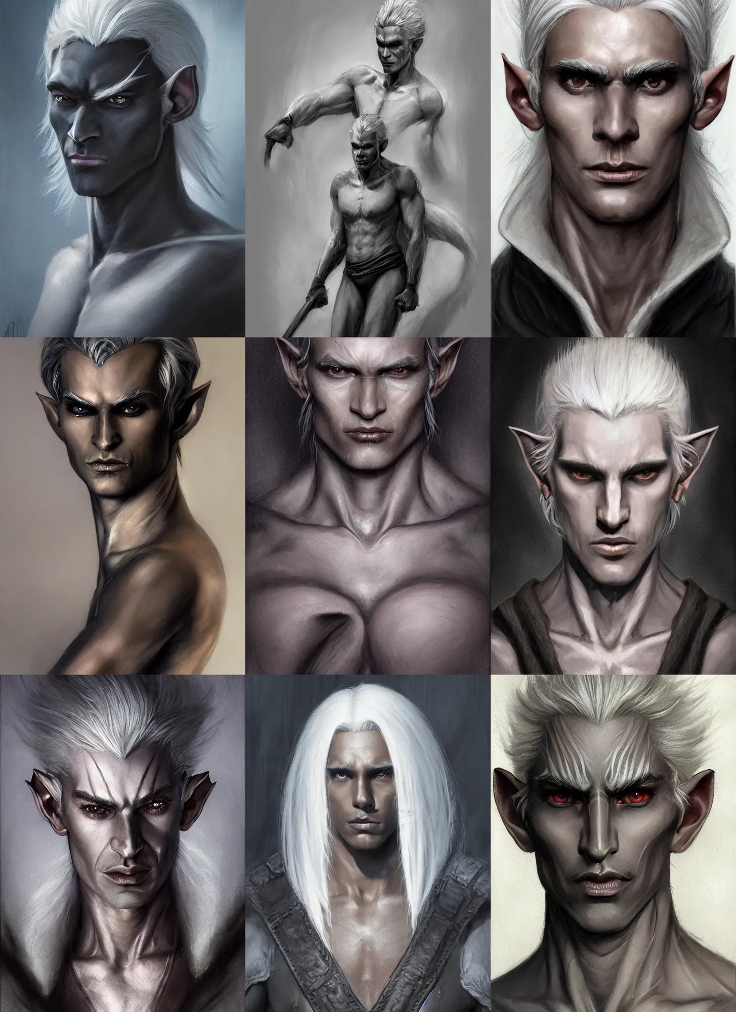 Prompt: a portrait of a dark drow elf male, long length slick white hair, charcoal skin, relaxed eyebrows, handsome, smooth skin, young adult in with late twenties, raised eyebrows, pointed chin, charcoal color skin, style by donato giancola, wayne reynolds, jeff easley dramatic light, high detail, cinematic lighting, artstation, dungeons and dragons
