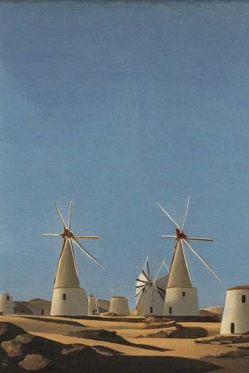 Prompt: painting of the windmills in mykonos painted by Chesley Bonestell