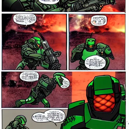 Prompt: doomguy shooting master chief at close range