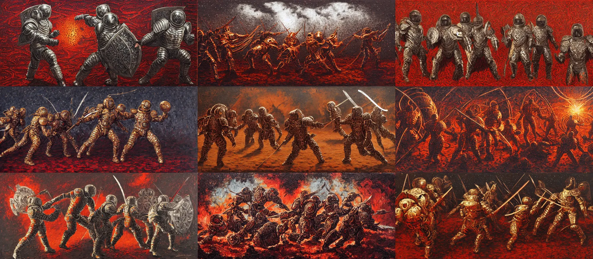 Prompt: battle scene, astronauts - gladiators, fractal armor with girih bargello pattern, lorica segmentum, tonalist, symbolist, figurative, swordfighting, chiaroscuro, grisaille, palette knife, heraldry, frenetic, stippling, shadows, luminous, sublime, edge lighting, burnt sienna, venetian red