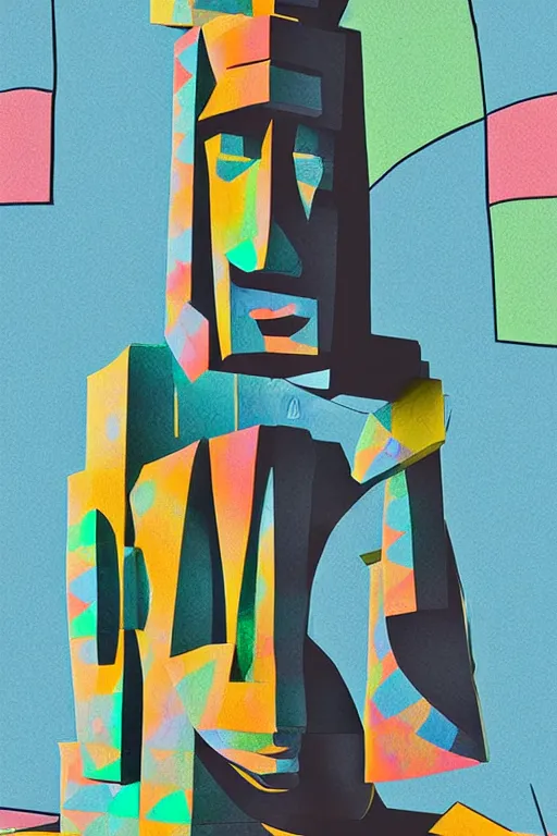 Image similar to cubist moai statue cutout digital illustration cartoon colorful beeple