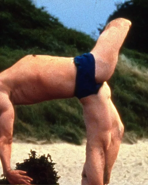 Image similar to film still close - up shot of boris johnson doing cartwheels on the beach from the movie monty python's the meaning of life. photographic, photography