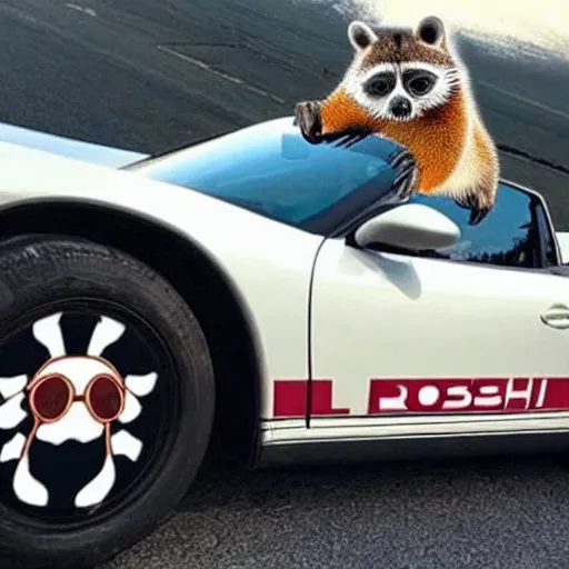 Prompt: a porsche with a racoon wearing sunglasses in it, racoon is driving the car