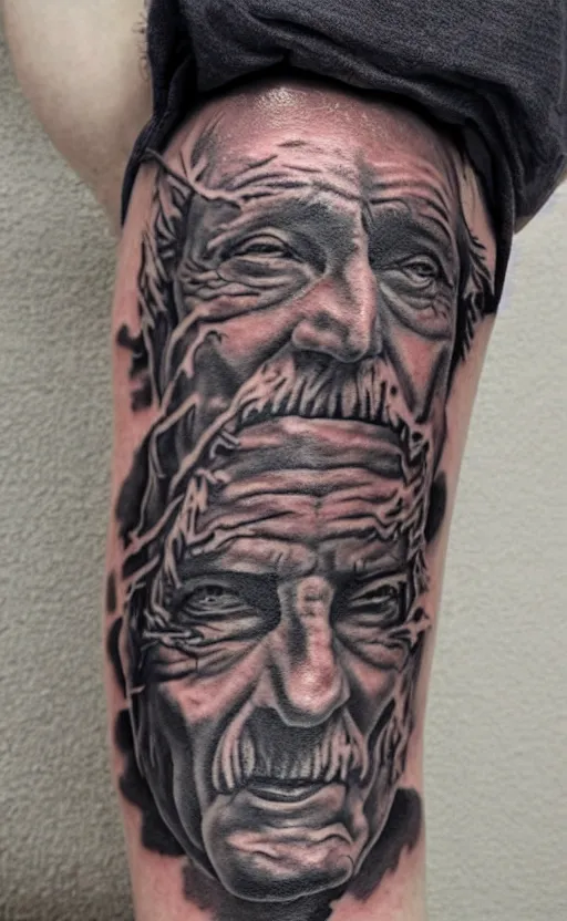 Image similar to a tattoo of an old man wearing a hat on top of a tower, ultra detailed, tattoo, 8 k