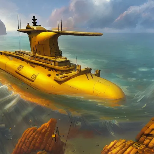 Image similar to submarine painted yellow lifted out of ocean by blue research vessel, golden hour, by tyler edlin, artstation