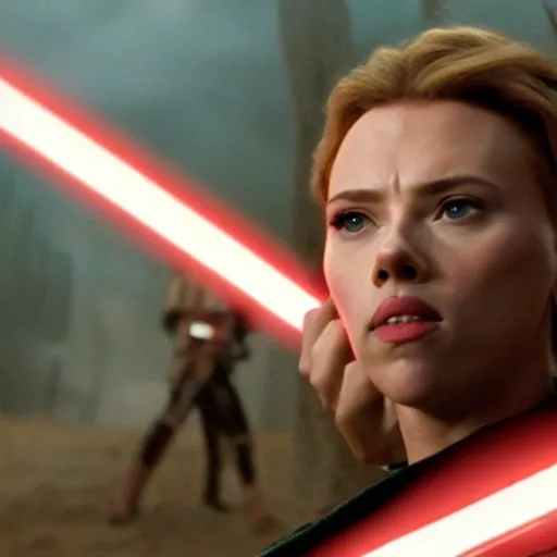 Prompt: Scarlett Johansson in Star Wars as Obi Wan Kenobi, still photo from Revenge of the Sith, 2003, 4k