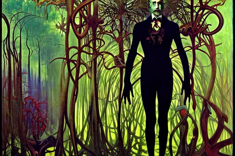 Image similar to realistic extremely detailed portrait painting of an elegantly creepy vampire man dressed as dracula, futuristic sci-fi forest on background by Jean Delville, Amano, Yves Tanguy, Alphonse Mucha, Ernst Haeckel, Edward Robert Hughes, Roger Dean, rich moody colours