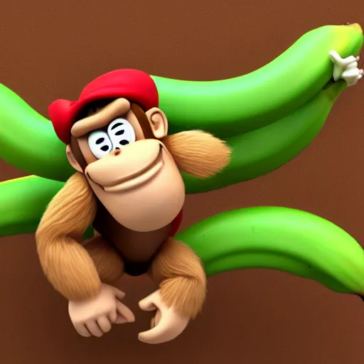 Prompt: Donkey Kong slips on a banana, 3D render, detailed clay model