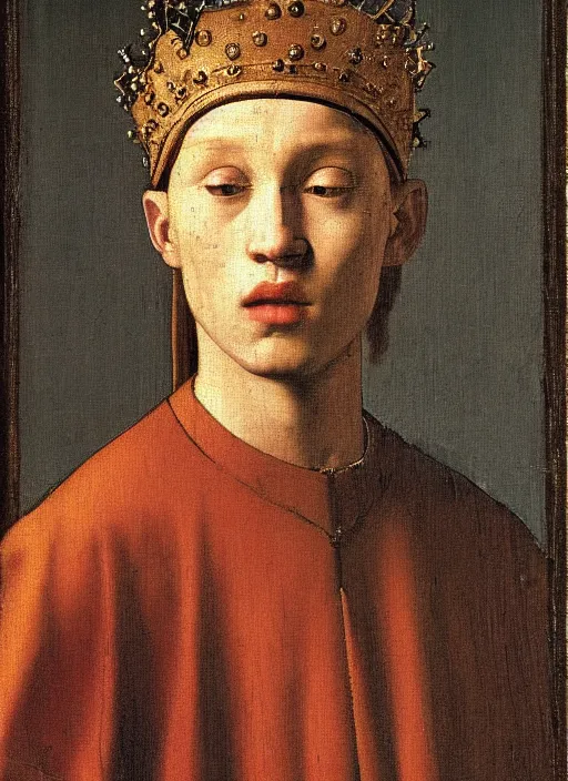 Image similar to portrait of a young king with a crown, medieval painting by Jan van Eyck, Johannes Vermeer, Florence