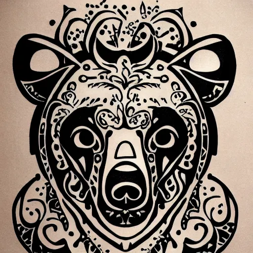 Image similar to tattoo design, stencil, bear, wreath surrounding bear