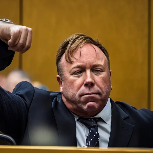 Prompt: Alex Jones desperately reaching for his out of reach phone in the courtroom, EOS 5DS R, ISO100, f/8, 1/125, 84mm, RAW, Dolby Vision, Unblur