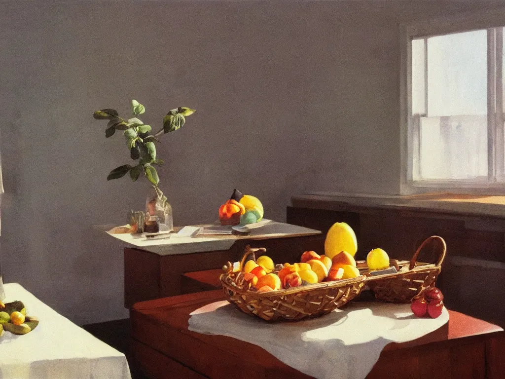 Prompt: 70s living room table with fruit basket, fine art, still life, the shinning stanley kubrick, god ray, cinematic, realistic, detailed, close up, volumetric lighting, painting in the style of Edward Hopper