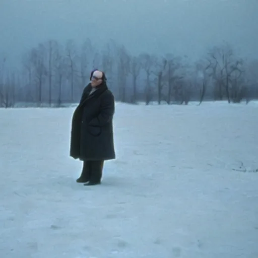 Image similar to george costanza in a barren wasteland, shot by andrei tarkovsky in his film stalker