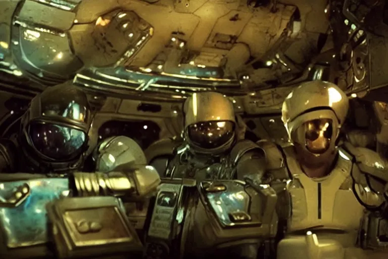 Prompt: sci-fi movie cinematography of space soldiers sitting in an alien bar. By Emmanuel Lubezki