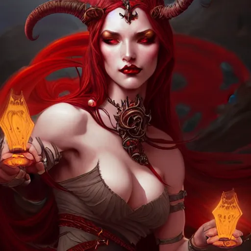 Image similar to demoness, female, d & d, fantasy, intricate, elegant, highly detailed, digital painting, artstation, octane render, concept art, matte, sharp focus, illustration, hearthstone, art by artgerm and jesper ejsing and alphonse mucha