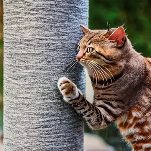 Prompt: highly detailed anthropomorphic cat in dancing pose on long scratch post