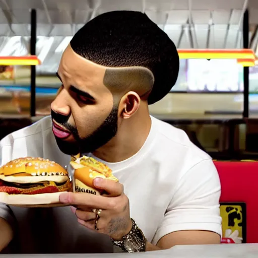 Image similar to rapper drake eating at burger king's fast food with bella hadid, photorealistic, dynamic light, ultra detailed